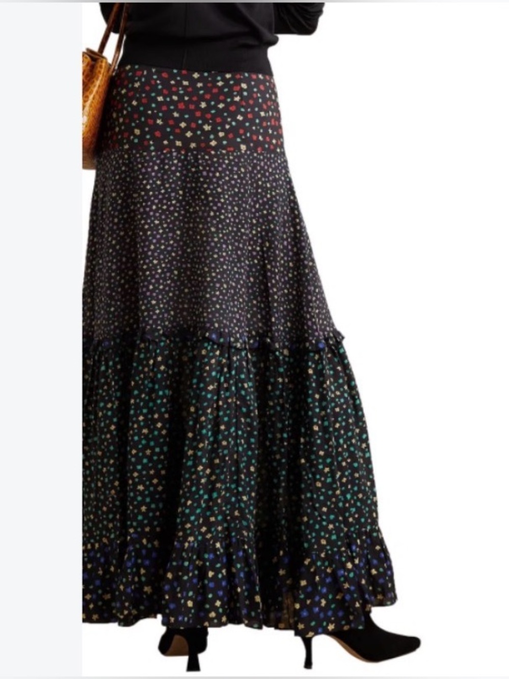 H&M Black Tiered Maxi Skirt with Multicolor Micro Floral Print